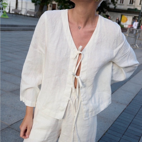 Marina Linen Tie-Front Top – Milky White - Picture 3 of 7